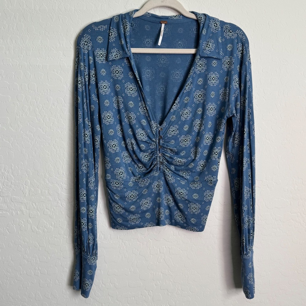 Free People Sydney Chambray Combo Bishop long sleeve Sleeve Top Sz Small Boho‎